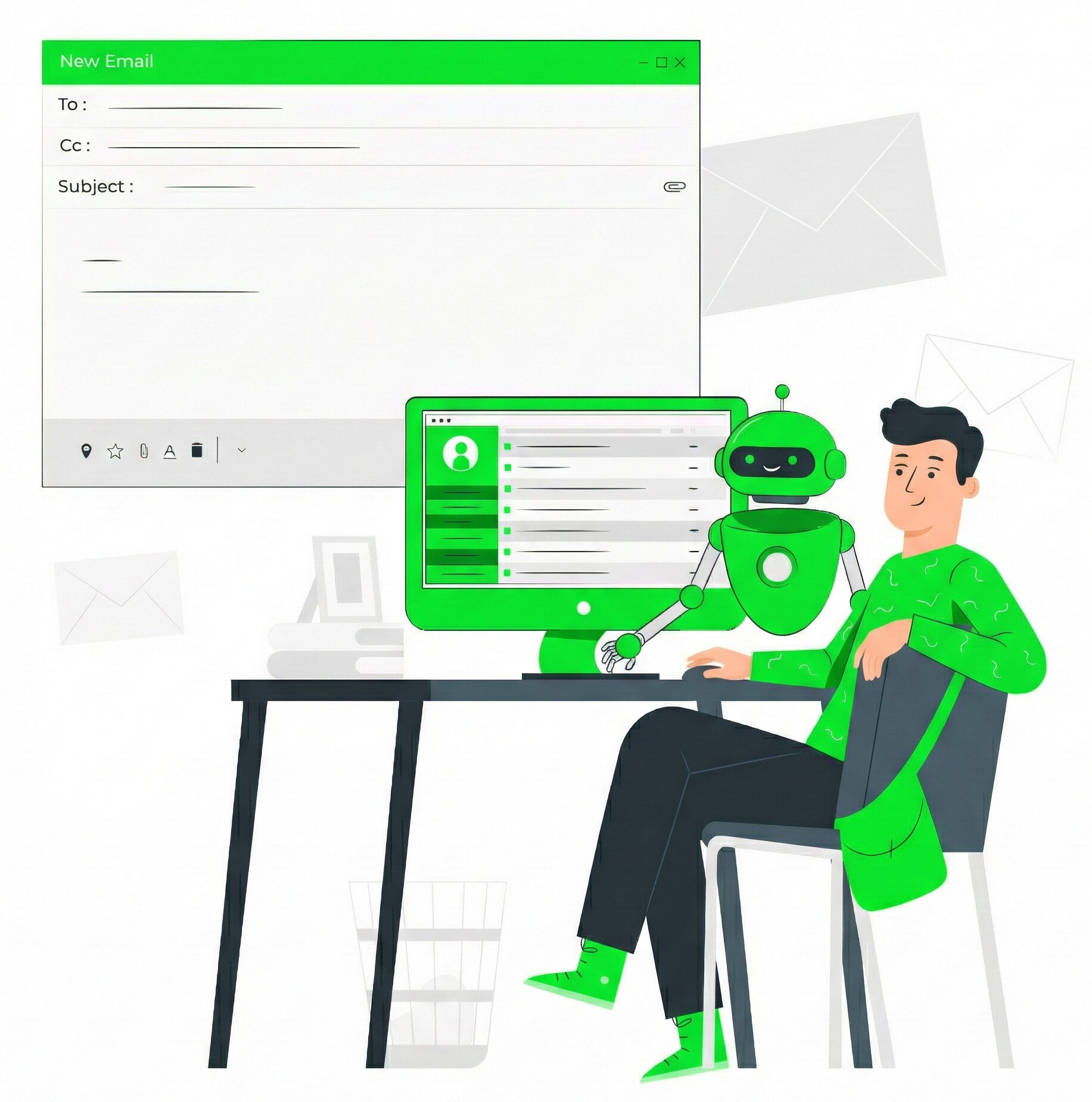 Illustration of a smiling professional at a desk collaborating with a friendly AI robot to compose an email on a desktop computer
