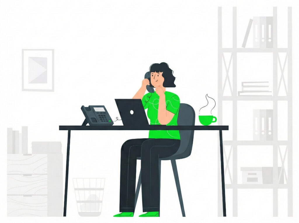 Illustration of an office worker using a VoIP desk phone and laptop for business communication