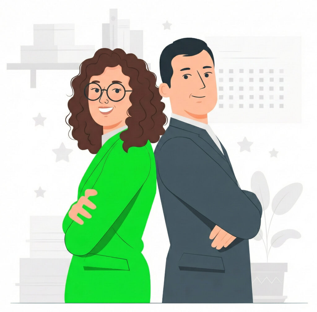 Illustration of two smiling business professionals standing back-to-back with arms crossed, representing the team at Carl's Consulting Agency