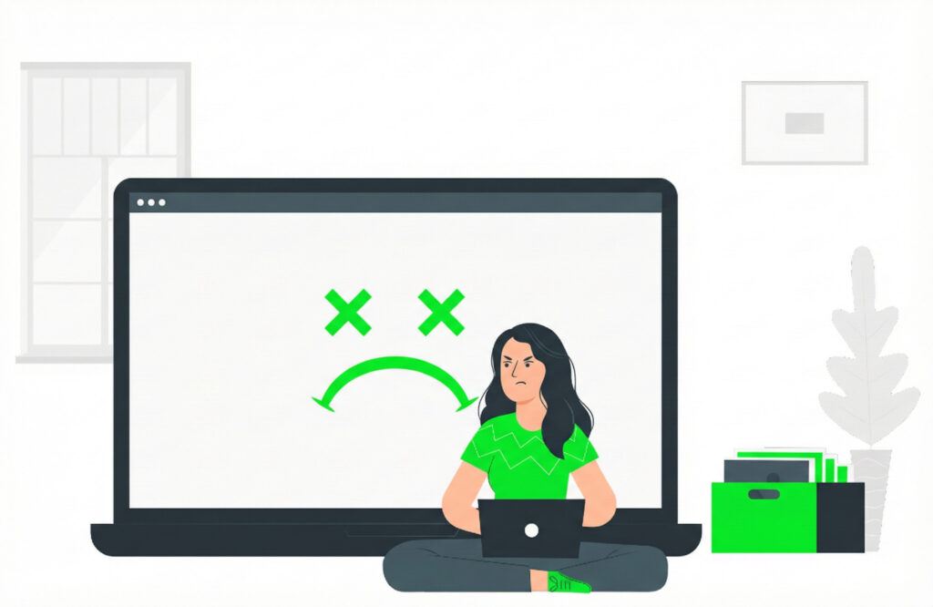 Illustration of a frustrated website owner sitting in front of a hacked laptop screen displaying a critical system error