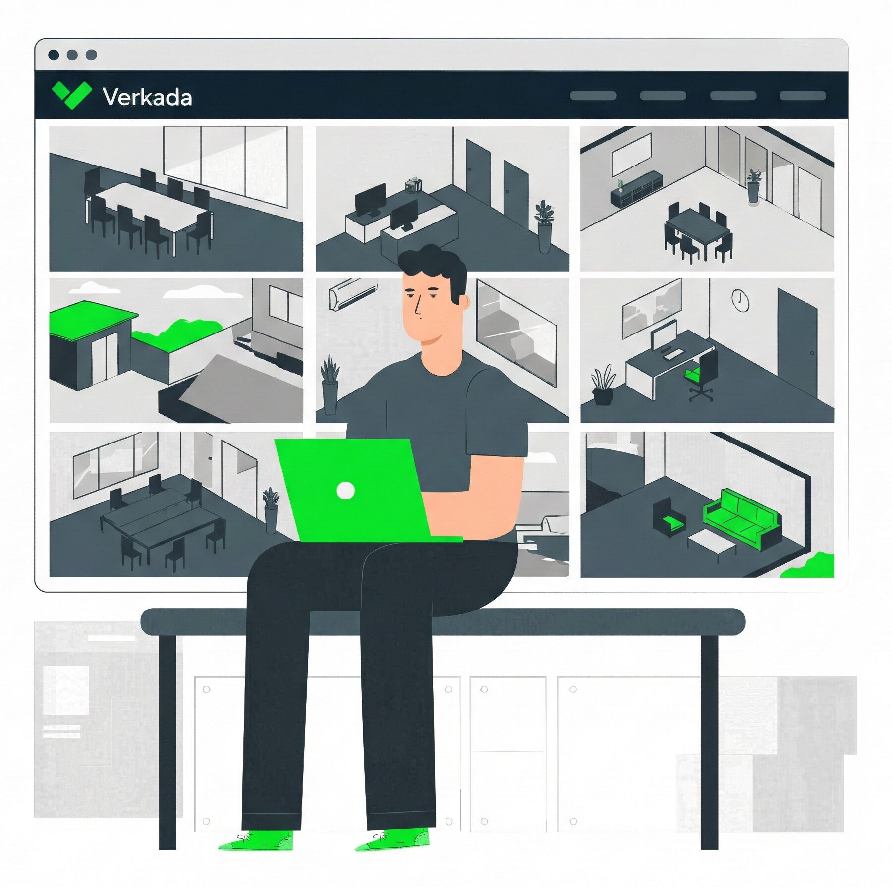 Illustration of a security manager monitoring live surveillance feeds on the Verkada Command cloud dashboard, representing a modern alternative to traditional NVRs