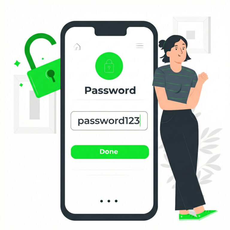 Illustration of a user leaning casually against a large smartphone screen displaying the weak password 'password123' and an open padlock