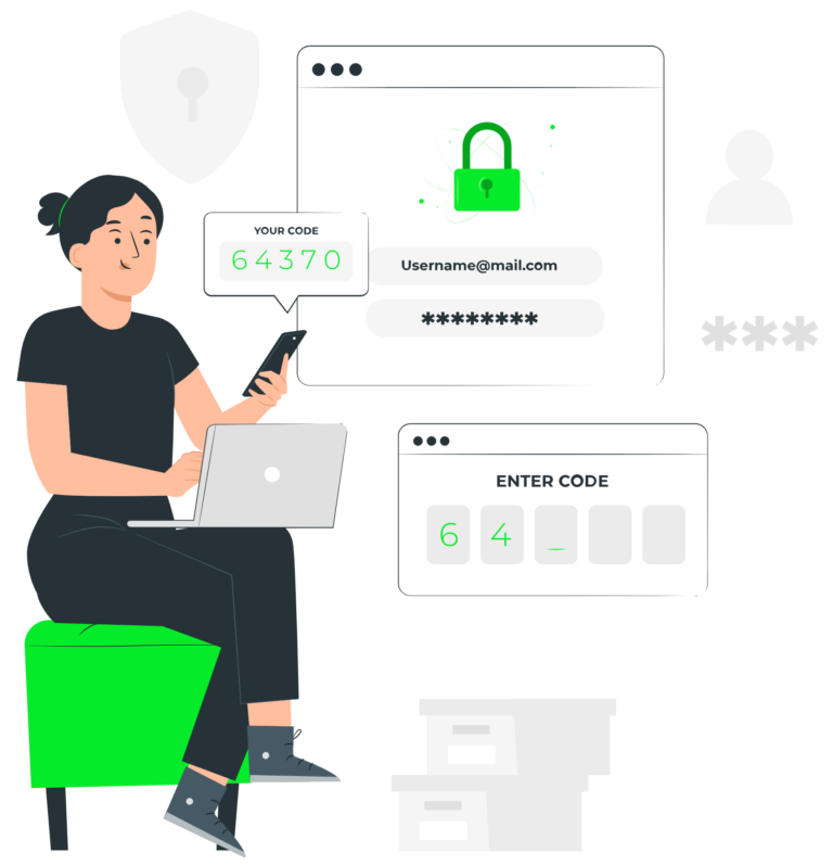 Illustration of a user checking their smartphone for a secure 6-digit verification code to complete a Multi-Factor Authentication (MFA) login on their laptop