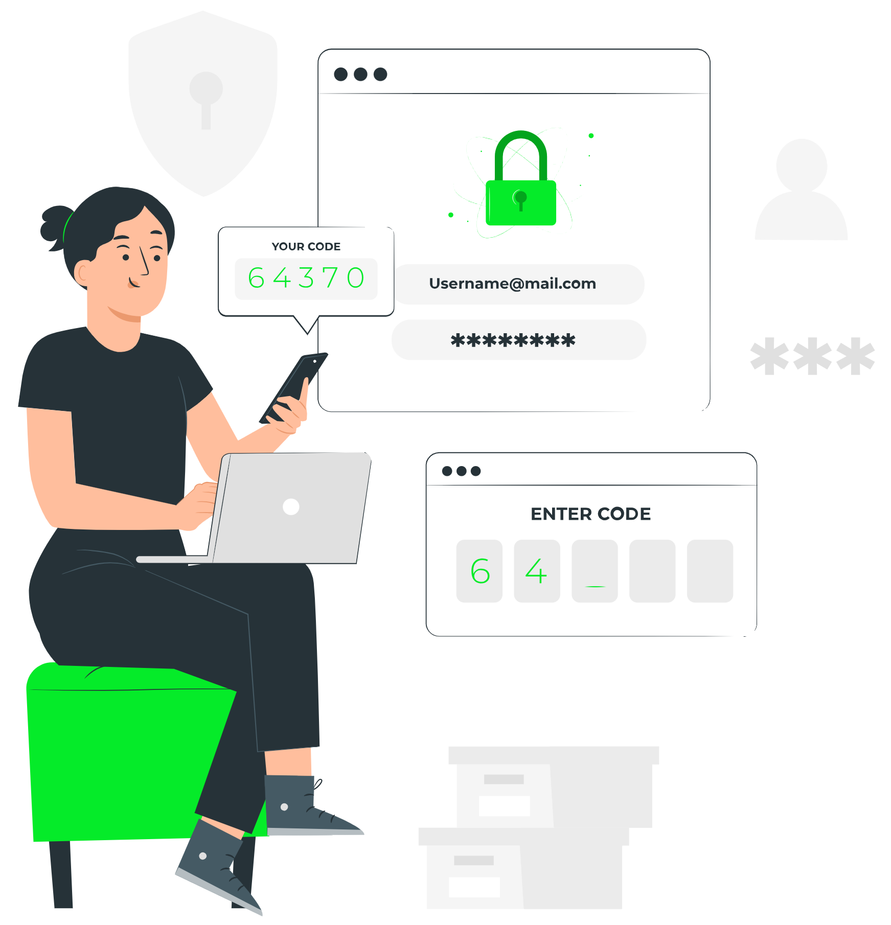 Illustration of a user checking their smartphone for a secure 6-digit verification code to complete a Multi-Factor Authentication (MFA) login on their laptop