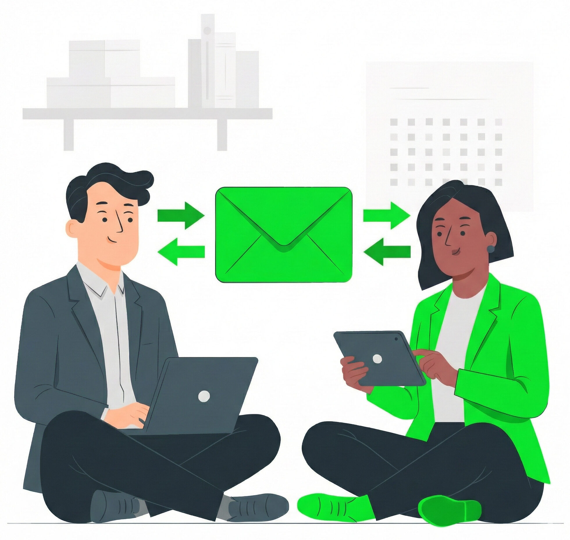 Illustration of two professionals sitting with laptops exchanging a large green email envelope, symbolizing successful email delivery and communication flow