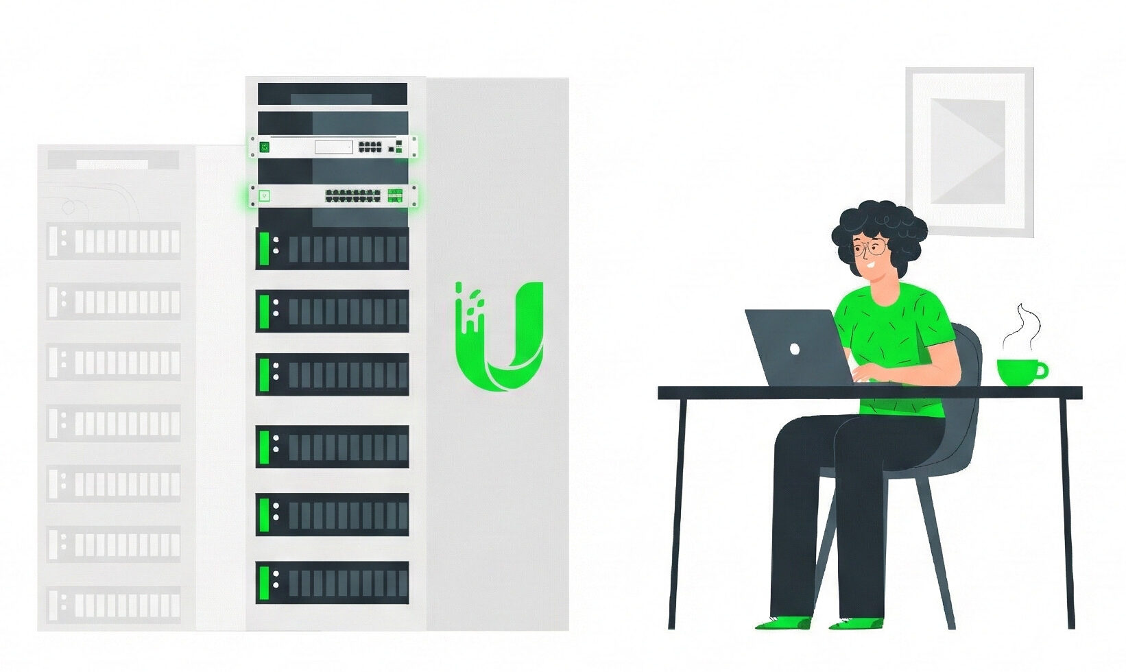 Illustration of a network administrator working beside a server rack displaying the Ubiquiti UniFi logo, representing modern business network infrastructure