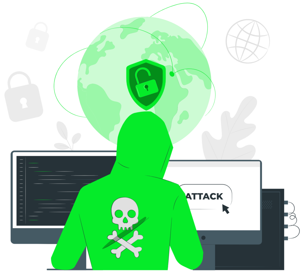 Illustration of a hooded hacker launching a global cyber attack from a command center, symbolizing the risks of using default credentials like "admin"