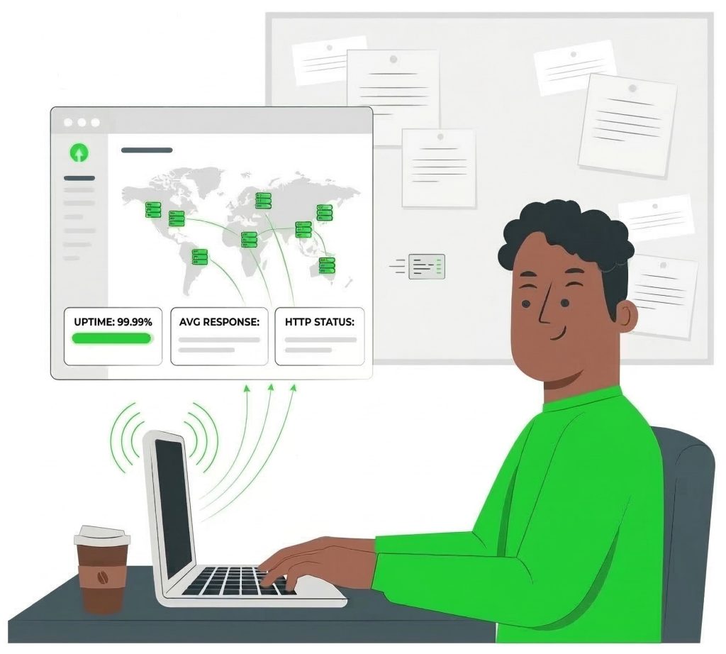 Illustration of an IT professional at a desk reviewing a floating website monitoring dashboard that displays global server uptime, ping status, and response times.