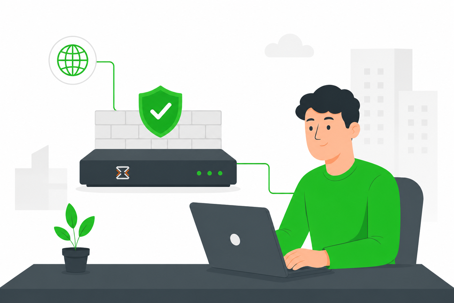 Flat vector illustration of a business professional using a laptop connected to an OPNsense firewall, symbolizing secure network protection for small and medium-sized businesses.