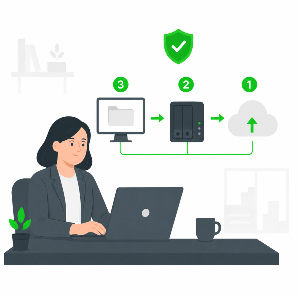 Minimalist illustration showing a business professional using a laptop with a 3-2-1 backup setup connecting local storage to cloud backup.
